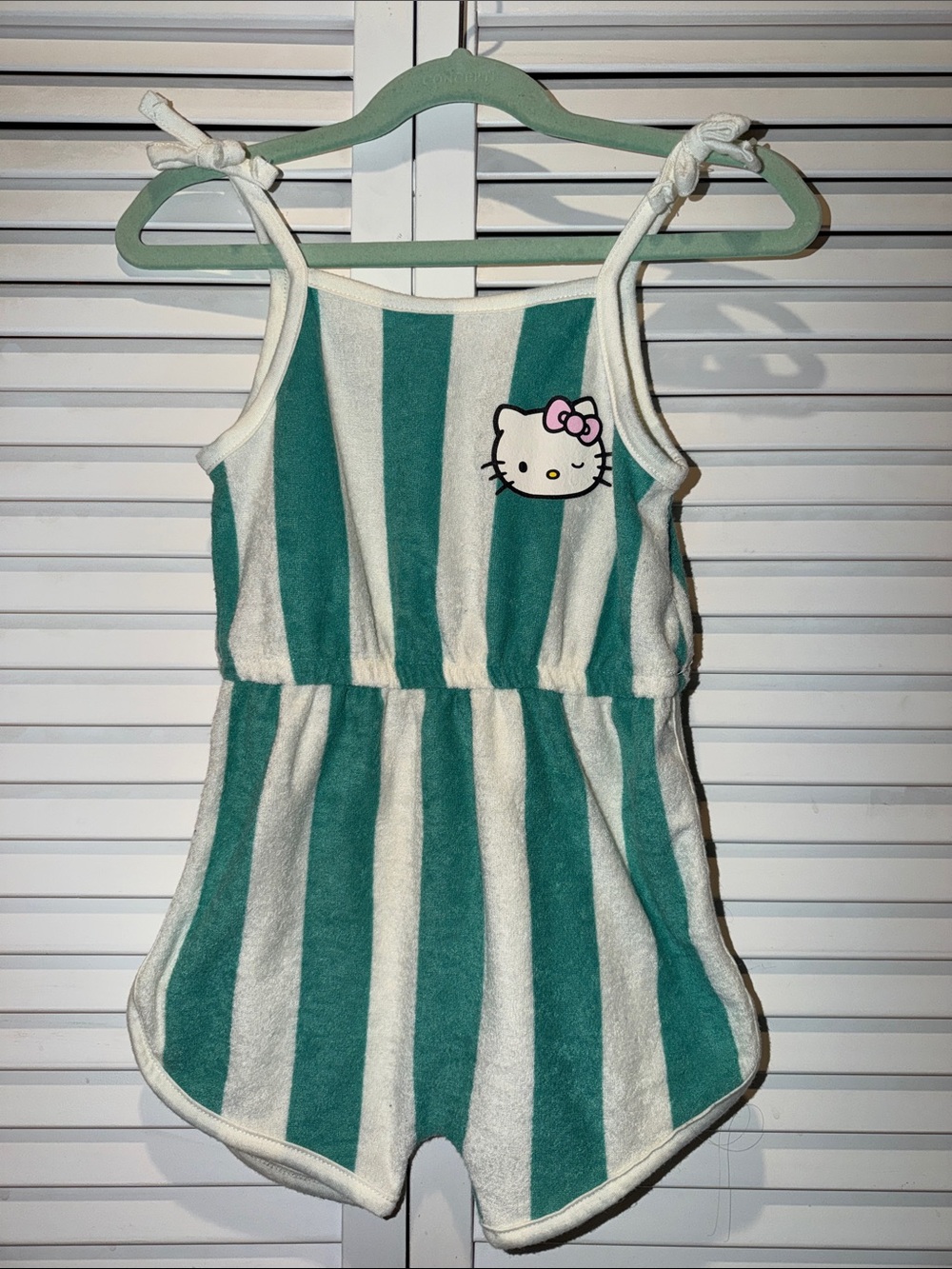 Hello Kitty Teal & White Striped Tie-Shoulder Romper by GRAYSON mini